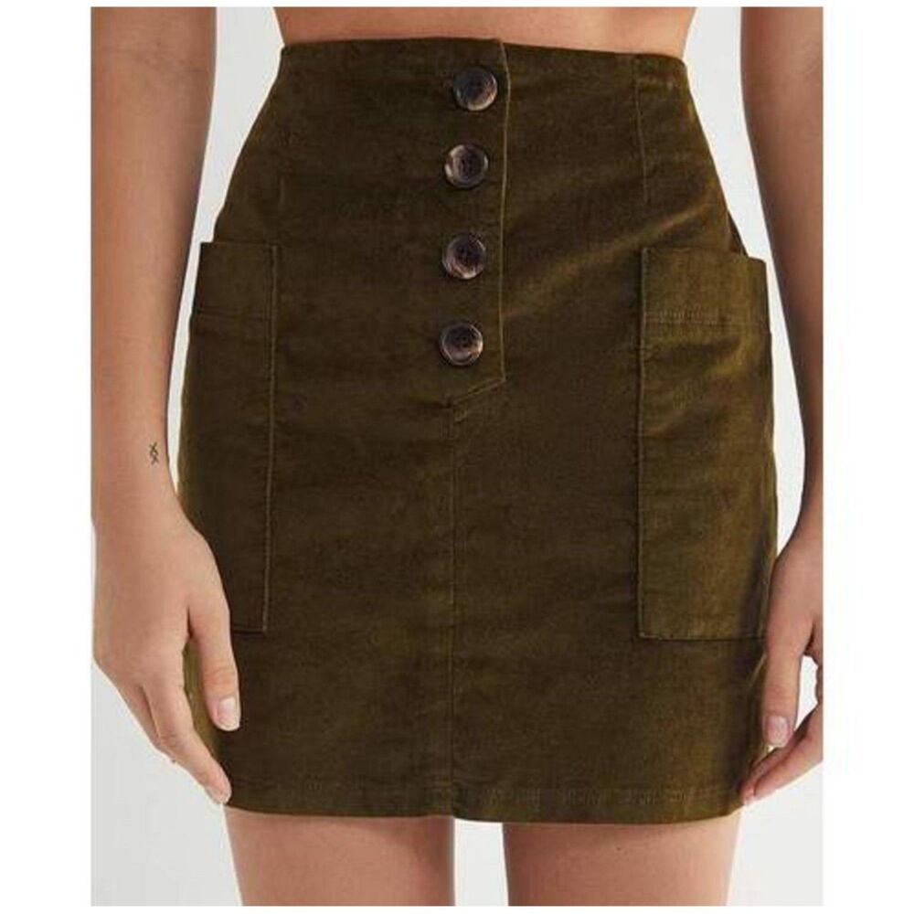 BDG Olive Green Cotton Velvet Button Front Mini Skirt